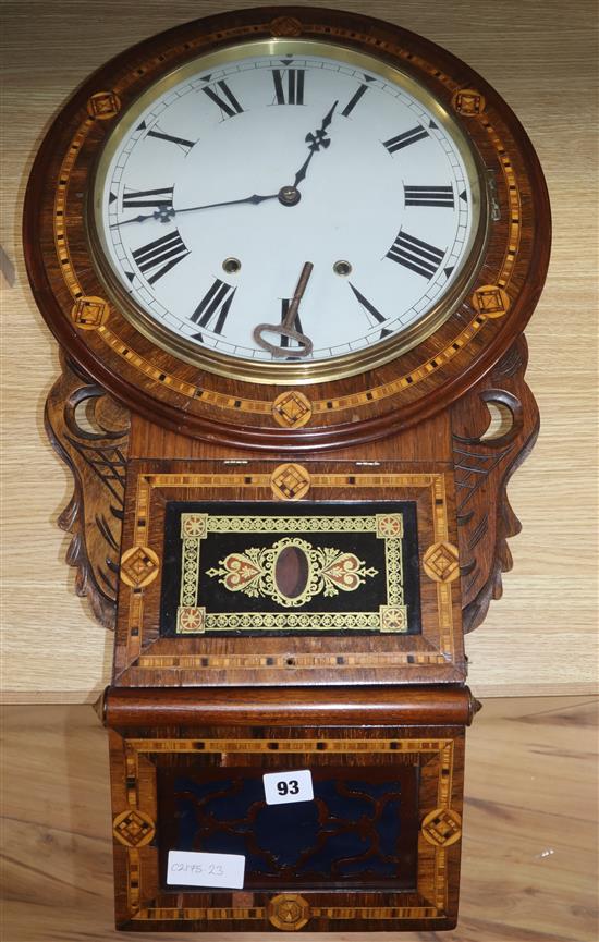 A late 19th century American marquetry inlaid wall clock